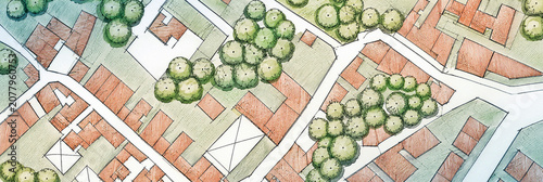 ARCHITECTURAL SITE PLAN SKETCH OF AN URBAN NEIGHBORHOOD WITH BUI