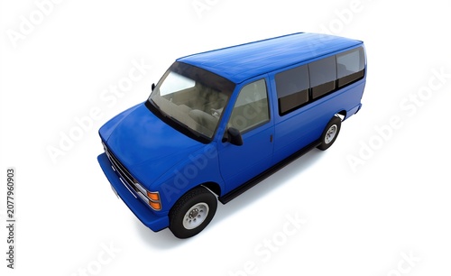 Blue cargo van for passenger transport and logistics, 3D render