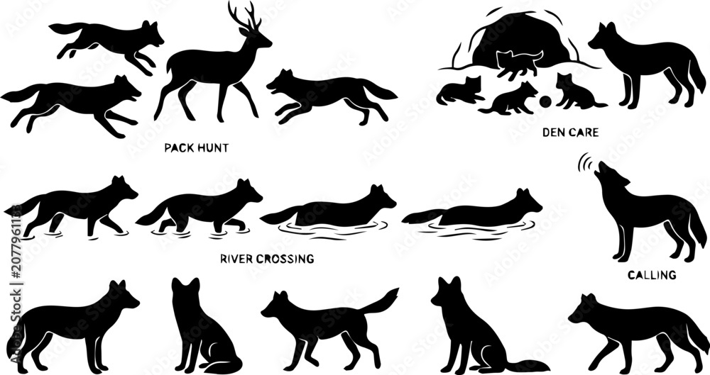 Obraz premium Deer and Fox River Crossing Silhouette Set – Wildlife Migration, Forest Animal Nature Icons 