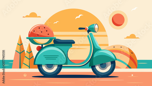Tableau sur toile Retro turquoise moped parked by the ocean with fruit during golden hour