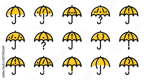 Billede på lærred A vibrant collection of yellow umbrellas with various emotive expressions on a S