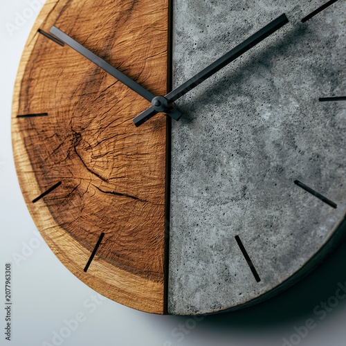Modern clock combining wood and concrete materials.