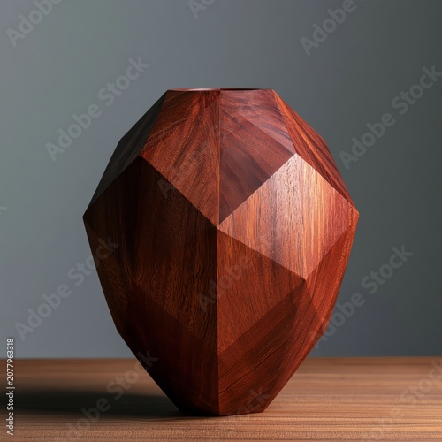Modern geometric wooden vase on wooden surface.
