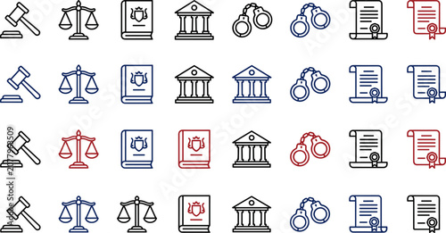 Tableau sur toile Law and Justice Icon Set with Judge Gavel Scales Legal Book Courthouse Handcuffs