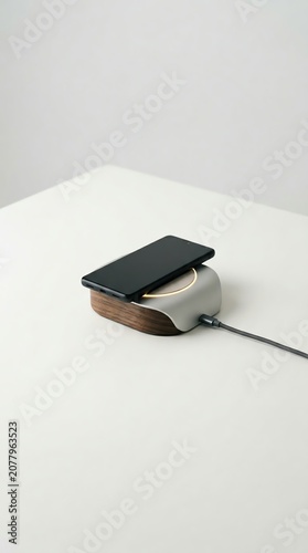 Modern wireless charger on a minimalist desk.
