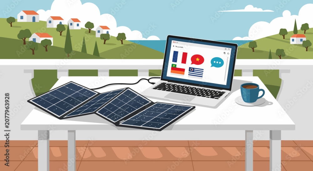 Fototapeta premium Laptop and portable solar panels on a table for remote work.