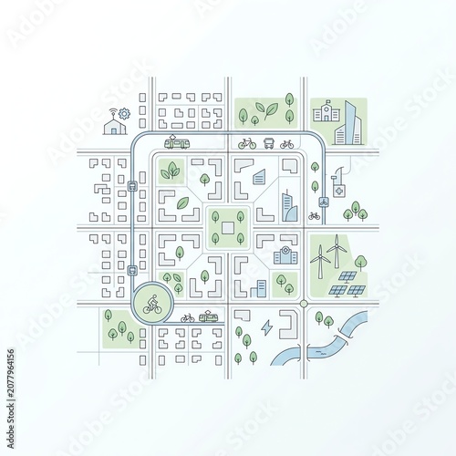 Stylized city map with green spaces and pathways.