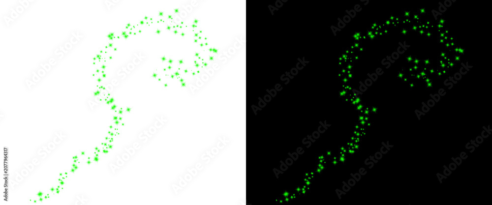 Fototapeta premium Green glitter dust trail on white and black background, magic sparkle swirl effect, glowing emerald stardust particles for festive design