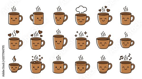 Fotografi A collection of cute steaming coffee mugs with various emotive faces and icons on a sunday morning