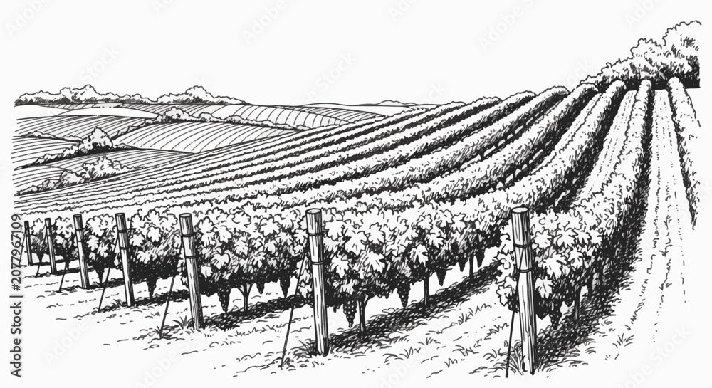 Naklejka premium Hand-drawn ink sketch of a vineyard on rolling hills with rows of grapevines on trellises, agricultural landscape with trees and fields in background, black and white line art.