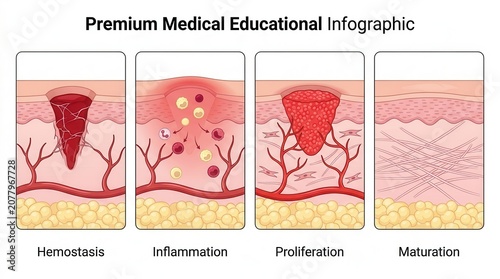 Wound healing process diagram for clinical healthcare learning and medical education.