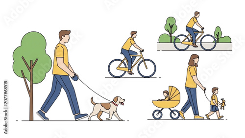 Фотография Man walking dog, riding bike, pushing stroller in park with family