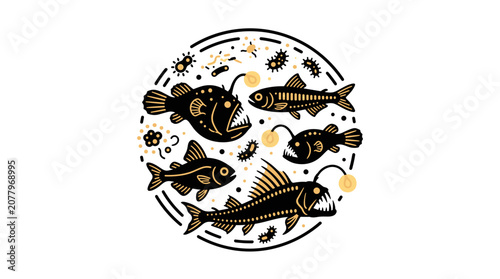 Deep Sea Anglerfish and Bioluminescent Creatures Illustration.