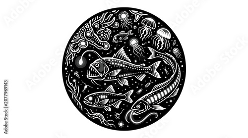 Deep Sea Creatures Illustration in Circular Design.
