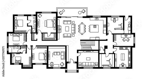 Detailed Architectural Floor Plan of a Large House.