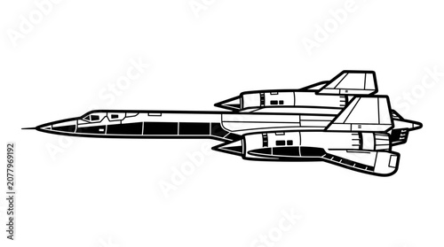 Detailed Black and White Illustration of a Supersonic Jet Aircraft.