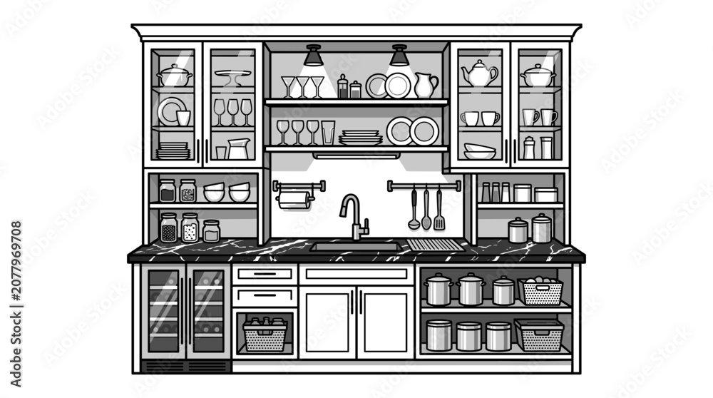 Fototapeta premium Detailed Illustration of a Fully Stocked Kitchen Cabinet.