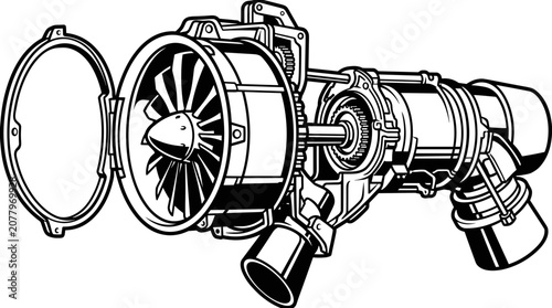 Detailed Illustration of a Jet Engine Turbine Mechanism.