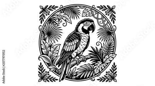 Detailed illustration of a parrot perched on a branch surrounded by tropical leaves.