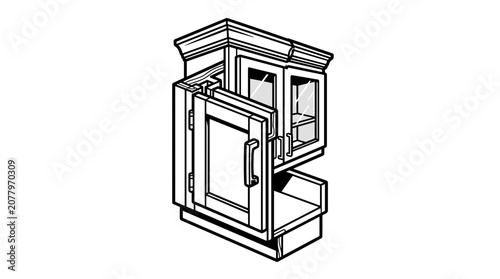 Detailed illustration of a vintage wooden cabinet with open door.
