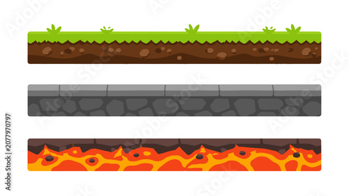 Photos Cartoon seamless ground, stone road, and lava platform set