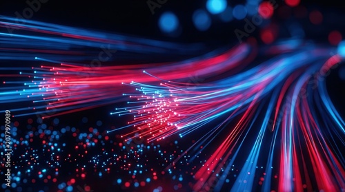 Glowing red and blue fiber optic lines representing high-speed digital data flow.