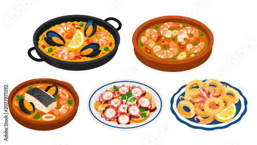 Foto Seafood dishes icon set with paella shrimp octopus and calamari