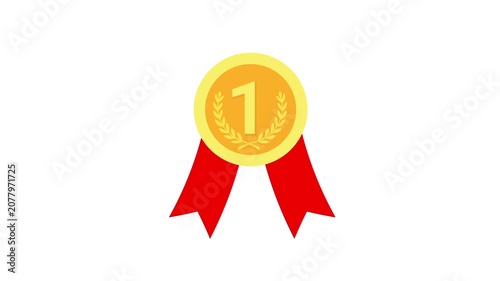 Gold medal with swinging red award ribbon.