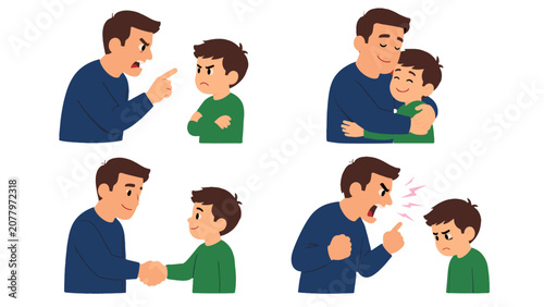 Konstfotografi Father and son conflict and reconciliation vector illustration set