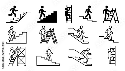 Stairs and Ladder Icon Set Featuring Stick Figures Walking Climbing and Running Up or Down for Wayfinding Signage Infographics and Safety Labels
