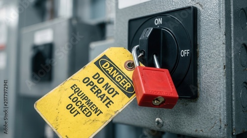Workplace safety illustration showing lockout tagout equipment to avoid injury and death.