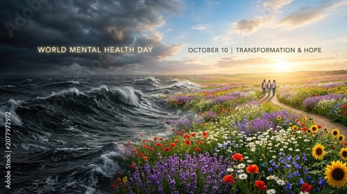 World Mental Health Day People walking from dark storm clouds toward a sunny field of flowers