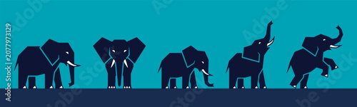 Photography A series of stylized elephants in different poses against a teal background, representing movement and diversity