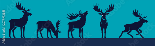 Obraz na plátně Silhouettes of five moose in various poses against a teal background, showcasing their majestic antlers and different movements