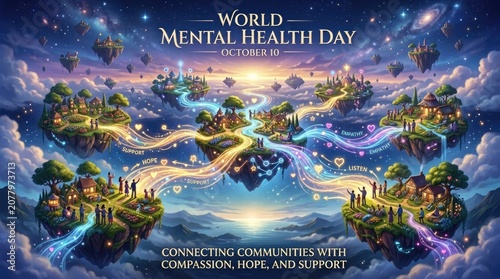 World Mental Health Day World mental health day illustration with floating islands and connected paths