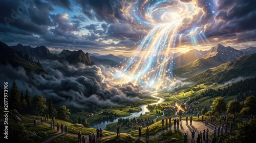 World Mental Health Day Dramatic landscape with bright light rays shining down over a mountain valley