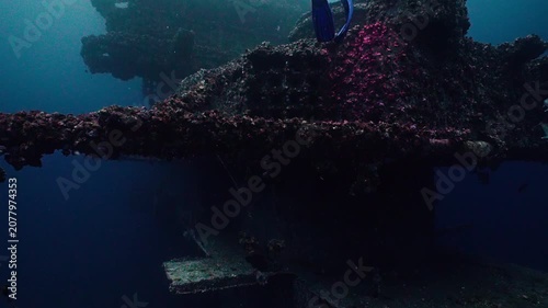 Eerie Front View of Sunken USS Oriskany Aircraft Carrier Shipwreck in Deep Blue Ocean