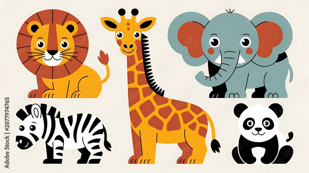 Naklejka premium African safari animals and trees silhouettes set, black silhouette of elephant, giraffe, wildebeest, lion, gazelle, bush, grass, and rock for wildlife vector illustration. 