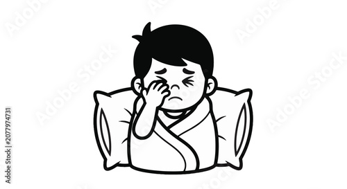 Black and white cartoon line art illustration of a young boy sitting in bed rubbing his tired eyes. The child is wrapped in a robe or blanket with pillows behind him on a white background.