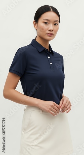Woman in navy polo shirt and skirt on a plain background