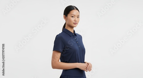 Woman in navy polo shirt posing against a white background