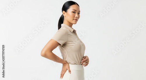 Woman in neutral tones poses against a bright white background studio shot