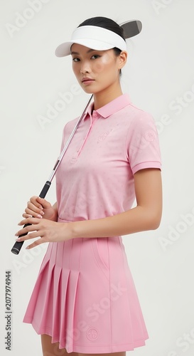 Woman in pink golf attire posing with golf club against white background