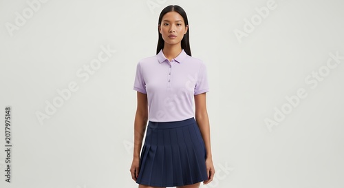 Woman in polo shirt and skirt posing against a neutral background