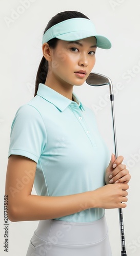 Woman in sportswear holding a golf club isolated on neutral background