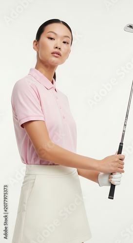 Woman in sportswear holding golf club against white backdrop