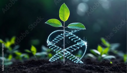 Digital DNA helix intertwined with vibrant green sprout emerging from rich dark soil.