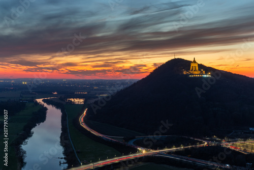 Aerial evening view of Emperor William monument in Porta Westfalica