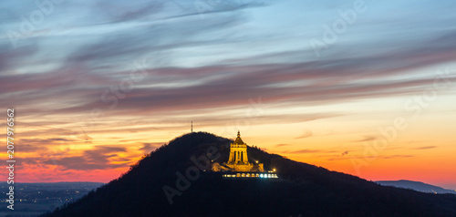 Aerial evening view of Emperor William monument in Porta Westfalica