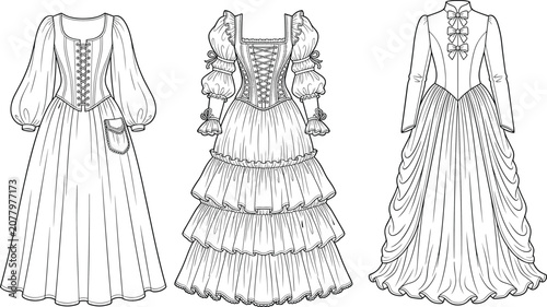 Tableau sur toile Fashion technical sketches of medieval and Victorian style gowns with corset bod